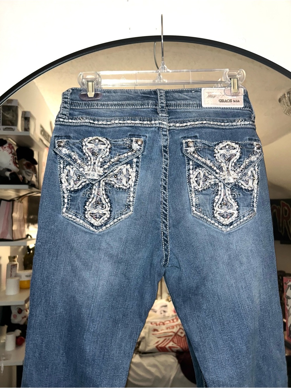 Y2k Grace In LA Rhinestone Cross Embroidered Bootcut Light Wash Denim Jeans